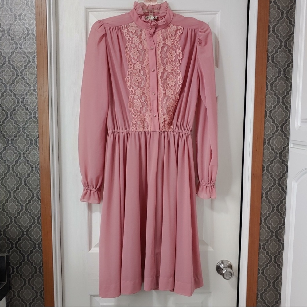 Vintage Dusty Rose Chiffon Lace Ruffle Dress